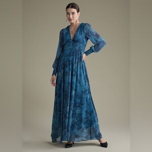 Ador Women's V-Neck LS Floral Chiffon Elegant Maxi Dress Rich Blue Small NWT‎